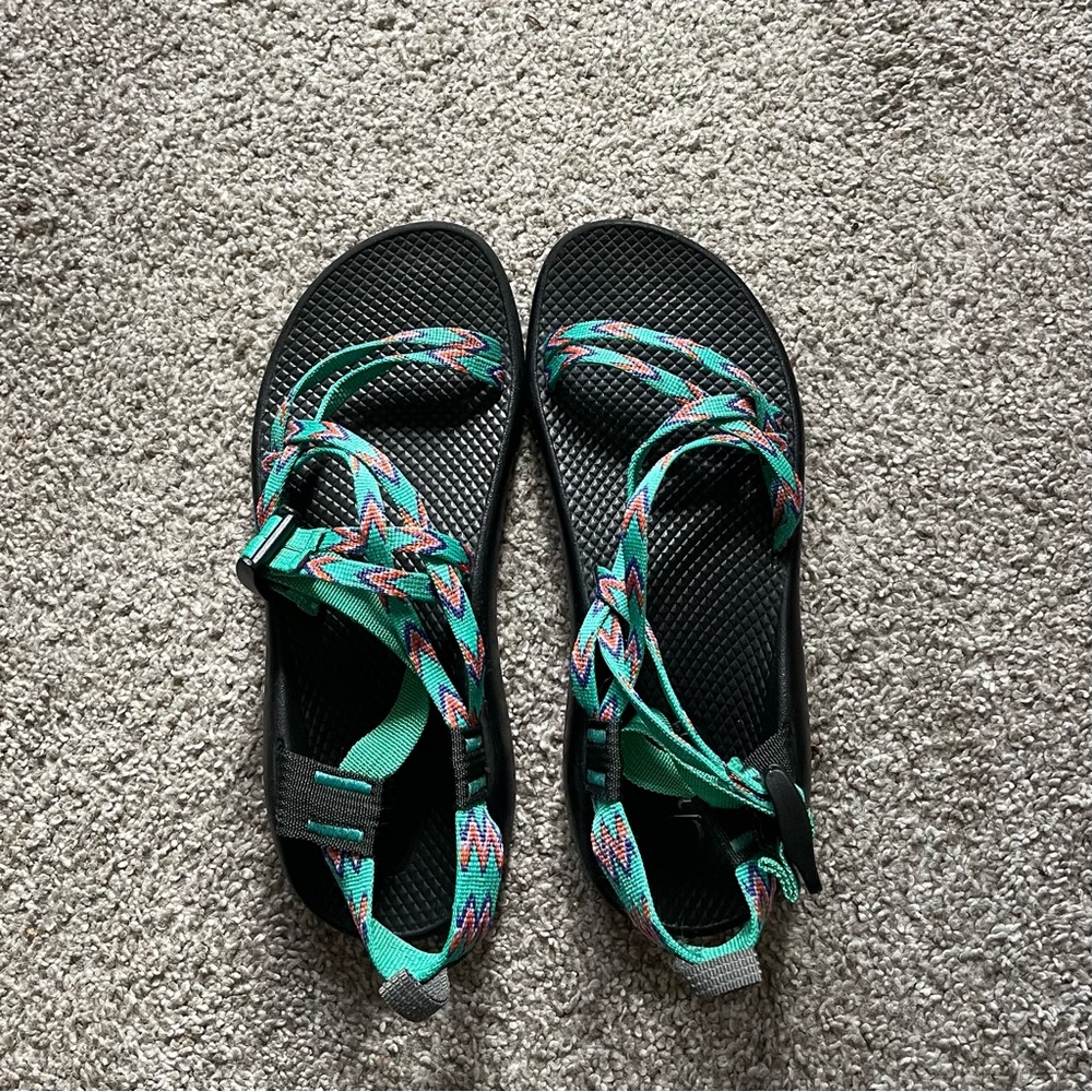 Mint, orange, and purple chaco sandals